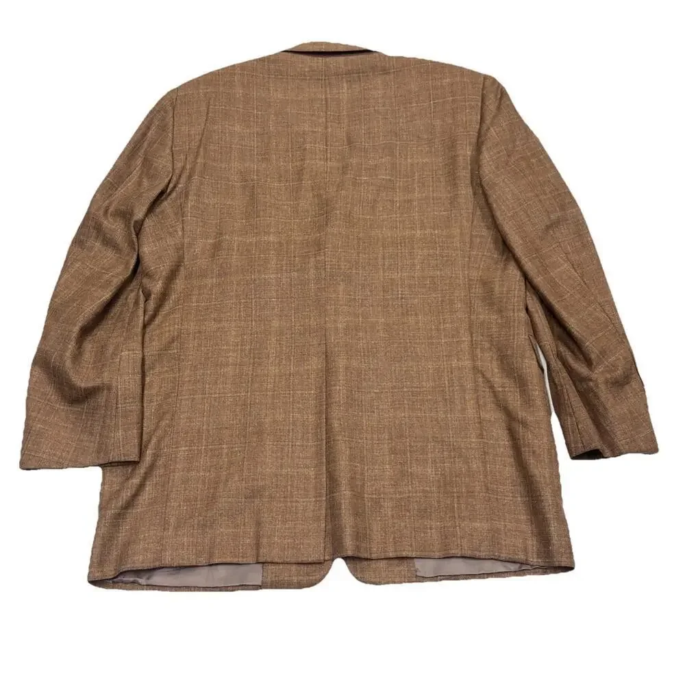 Hickey Freeman Mens Silk Linen Wool Plaid Blazer 44L Brown Sport Coat Jacket